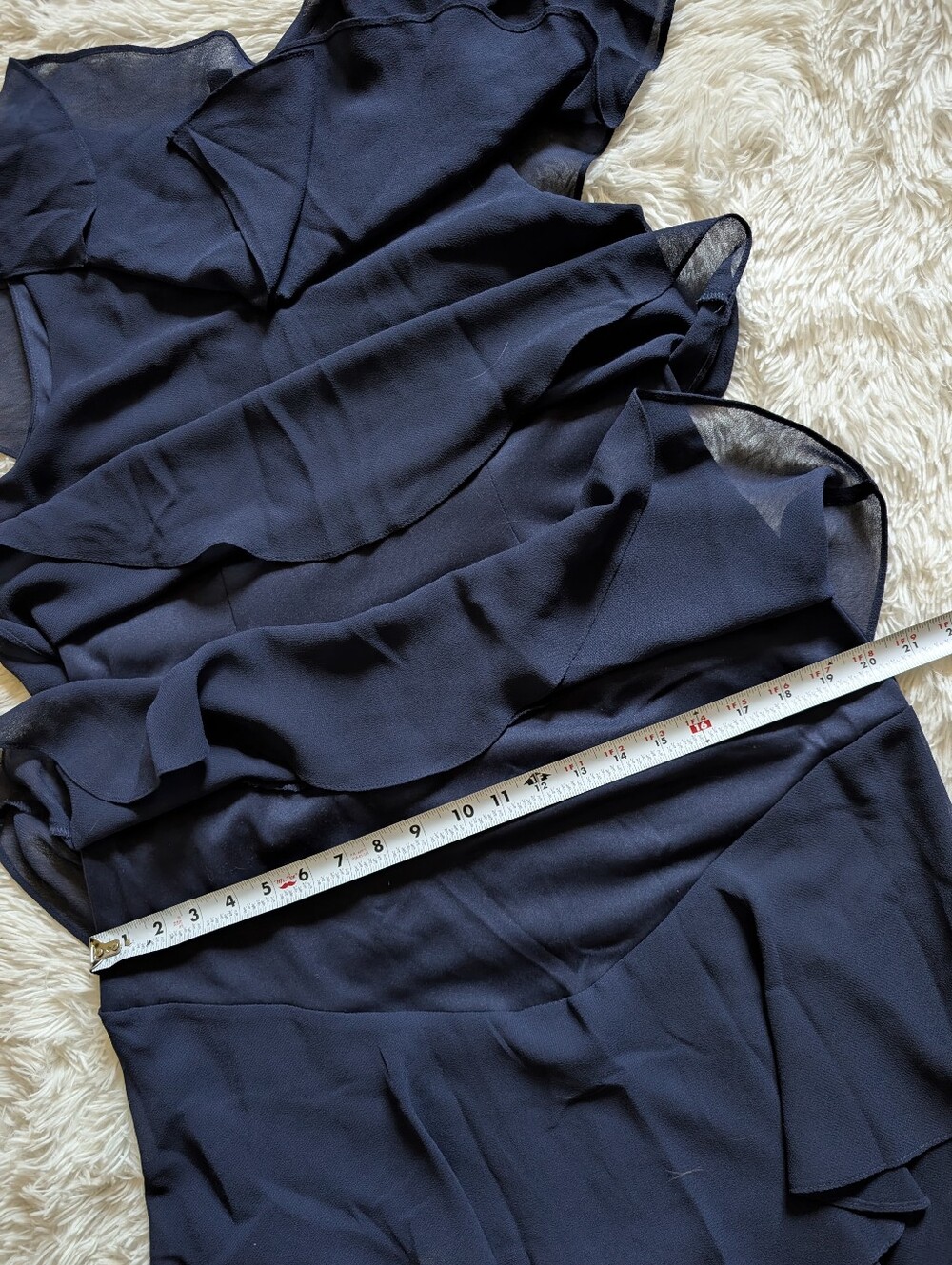SLNY Navy Blue Tiered Capelet Rhinestone Detail Flowy Ruffle Dress Size 12 - Picture 13 of 14